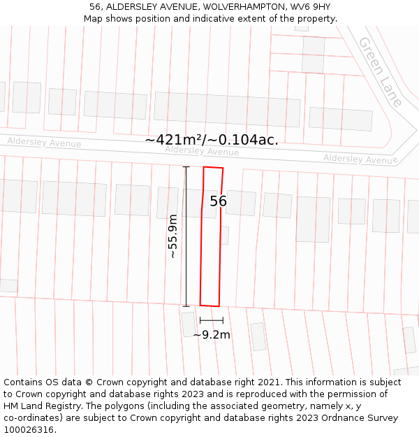 56, ALDERSLEY AVENUE, WOLVERHAMPTON, WV6 9HY: Plot and title map