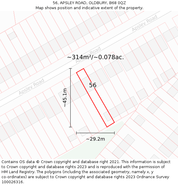 56, APSLEY ROAD, OLDBURY, B68 0QZ: Plot and title map