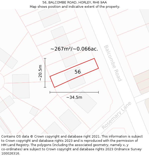 56, BALCOMBE ROAD, HORLEY, RH6 9AA: Plot and title map