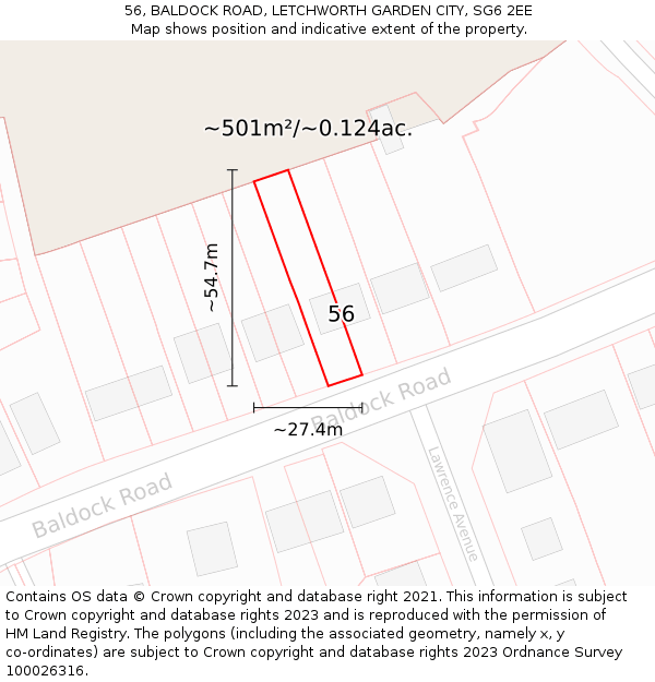 56, BALDOCK ROAD, LETCHWORTH GARDEN CITY, SG6 2EE: Plot and title map