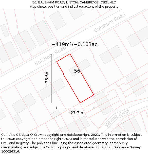 56, BALSHAM ROAD, LINTON, CAMBRIDGE, CB21 4LD: Plot and title map