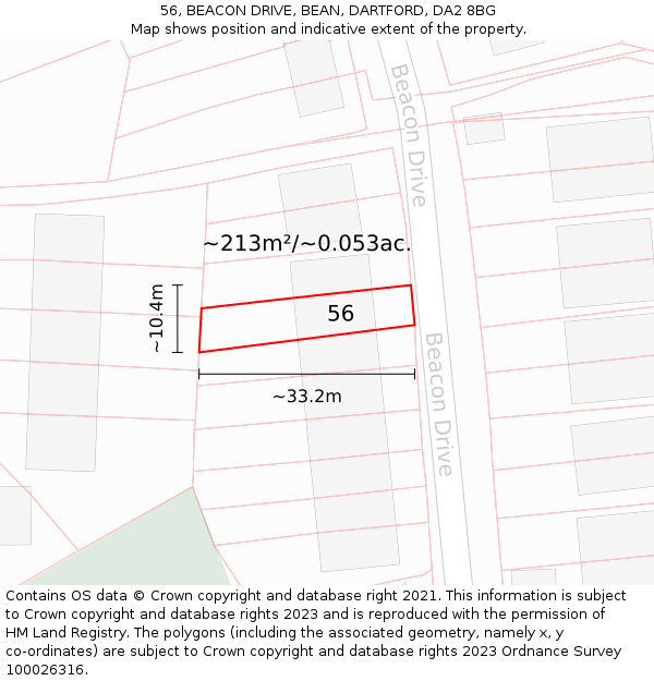 56, BEACON DRIVE, BEAN, DARTFORD, DA2 8BG: Plot and title map