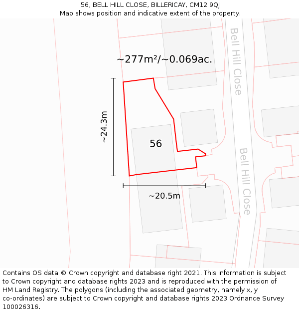 56, BELL HILL CLOSE, BILLERICAY, CM12 9QJ: Plot and title map