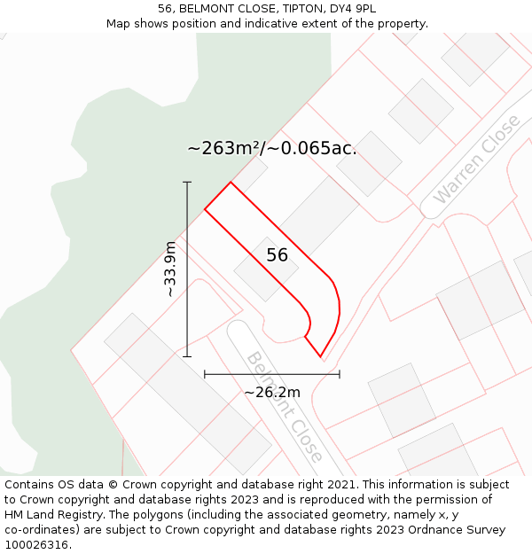 56, BELMONT CLOSE, TIPTON, DY4 9PL: Plot and title map