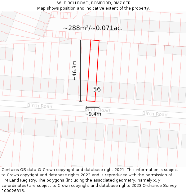 56, BIRCH ROAD, ROMFORD, RM7 8EP: Plot and title map