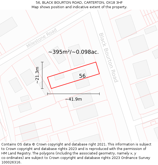 56, BLACK BOURTON ROAD, CARTERTON, OX18 3HF: Plot and title map