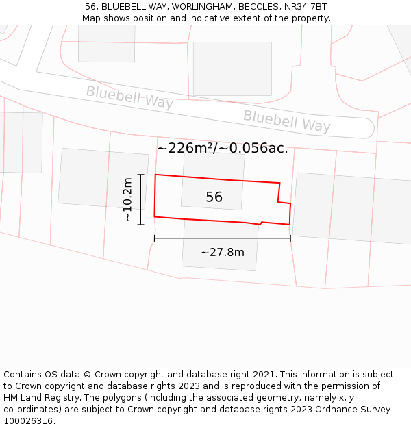 56, BLUEBELL WAY, WORLINGHAM, BECCLES, NR34 7BT: Plot and title map