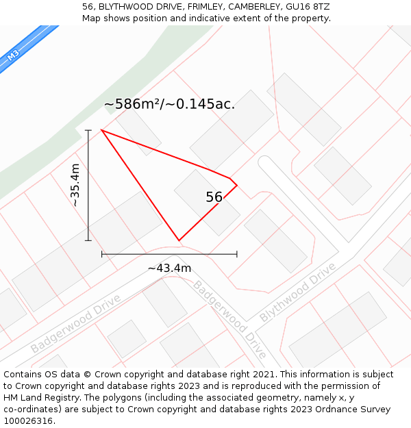 56, BLYTHWOOD DRIVE, FRIMLEY, CAMBERLEY, GU16 8TZ: Plot and title map