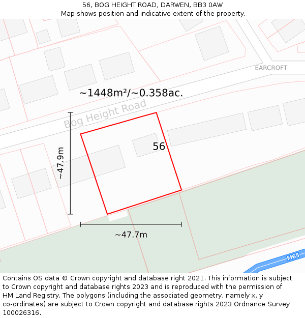 56, BOG HEIGHT ROAD, DARWEN, BB3 0AW: Plot and title map