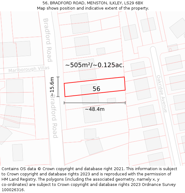 56, BRADFORD ROAD, MENSTON, ILKLEY, LS29 6BX: Plot and title map