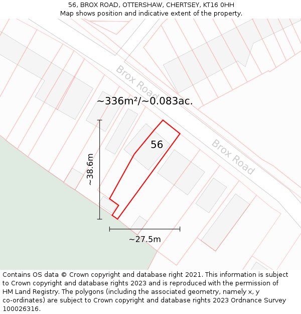 56, BROX ROAD, OTTERSHAW, CHERTSEY, KT16 0HH: Plot and title map