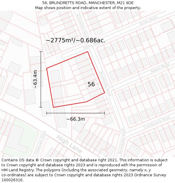 56, BRUNDRETTS ROAD, MANCHESTER, M21 9DE: Plot and title map