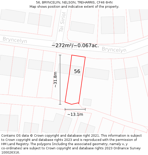 56, BRYNCELYN, NELSON, TREHARRIS, CF46 6HN: Plot and title map