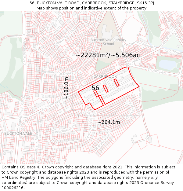 56, BUCKTON VALE ROAD, CARRBROOK, STALYBRIDGE, SK15 3PJ: Plot and title map