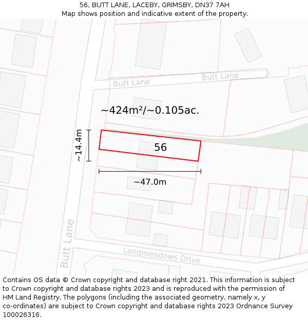 56, BUTT LANE, LACEBY, GRIMSBY, DN37 7AH: Plot and title map