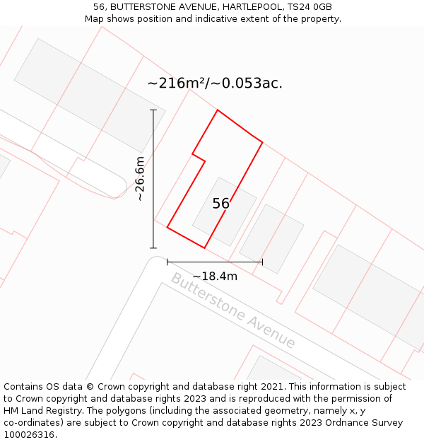 56, BUTTERSTONE AVENUE, HARTLEPOOL, TS24 0GB: Plot and title map