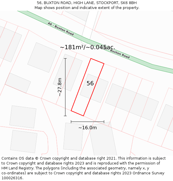 56, BUXTON ROAD, HIGH LANE, STOCKPORT, SK6 8BH: Plot and title map