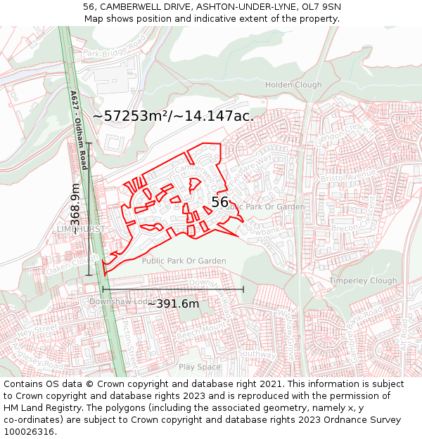 56, CAMBERWELL DRIVE, ASHTON-UNDER-LYNE, OL7 9SN: Plot and title map