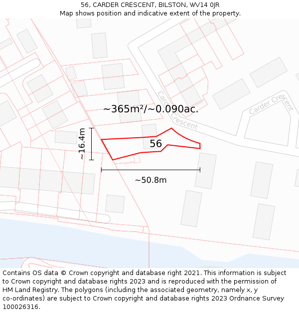 56, CARDER CRESCENT, BILSTON, WV14 0JR: Plot and title map