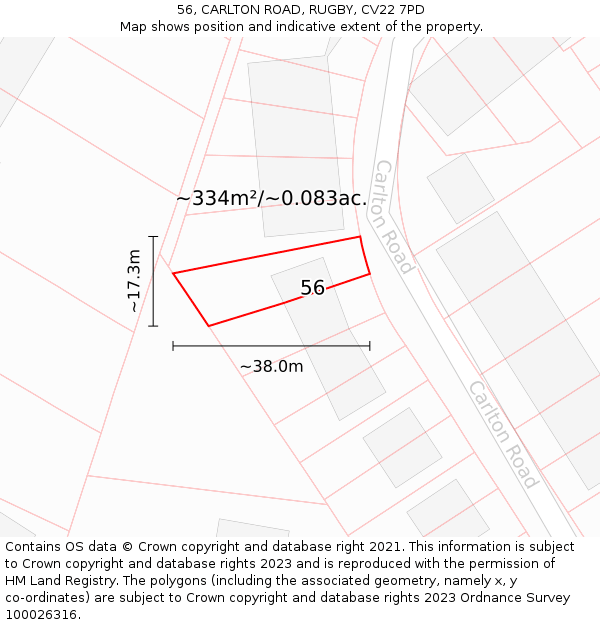 56, CARLTON ROAD, RUGBY, CV22 7PD: Plot and title map