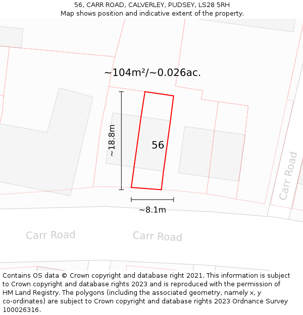 56, CARR ROAD, CALVERLEY, PUDSEY, LS28 5RH: Plot and title map