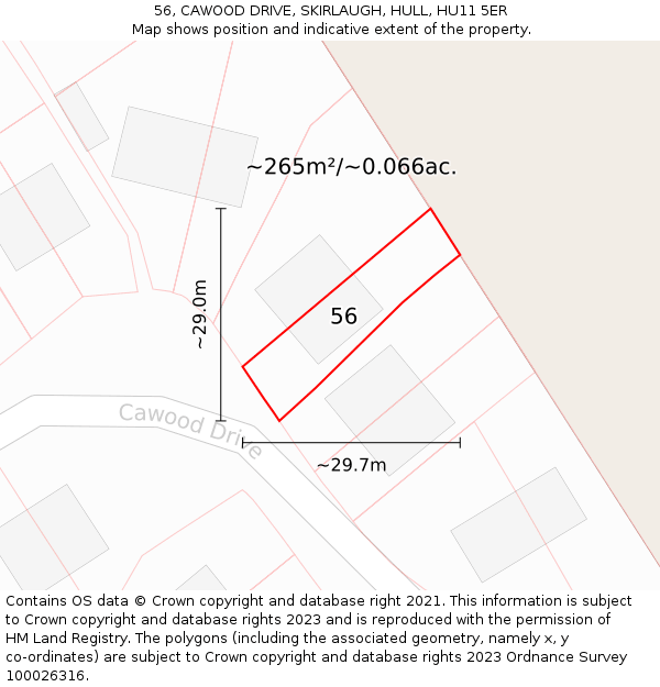 56, CAWOOD DRIVE, SKIRLAUGH, HULL, HU11 5ER: Plot and title map