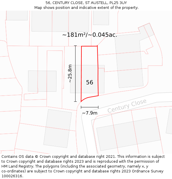 56, CENTURY CLOSE, ST AUSTELL, PL25 3UY: Plot and title map