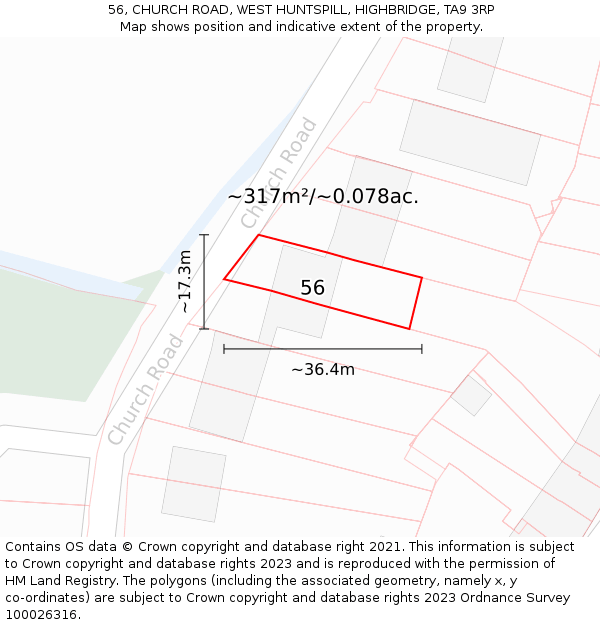 56, CHURCH ROAD, WEST HUNTSPILL, HIGHBRIDGE, TA9 3RP: Plot and title map