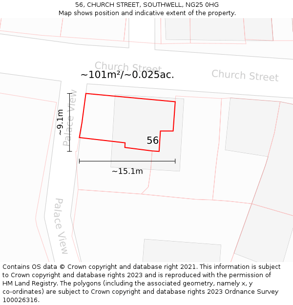 56, CHURCH STREET, SOUTHWELL, NG25 0HG: Plot and title map