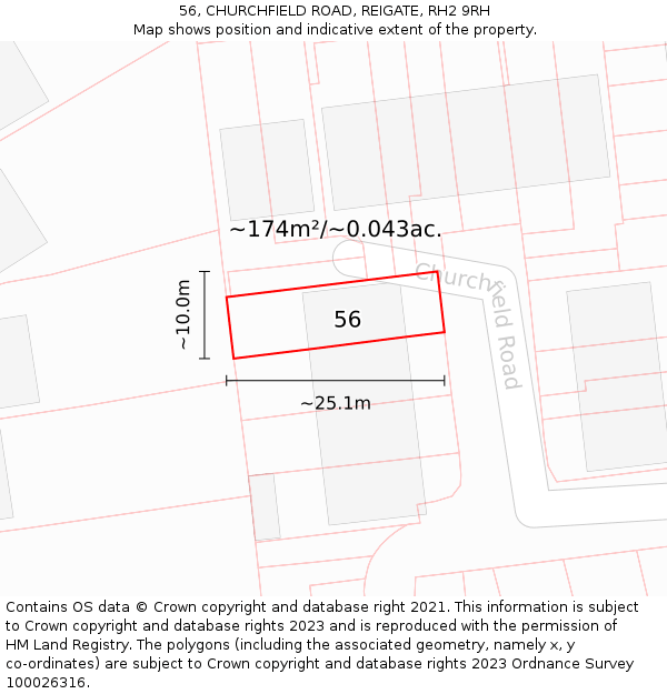 56, CHURCHFIELD ROAD, REIGATE, RH2 9RH: Plot and title map