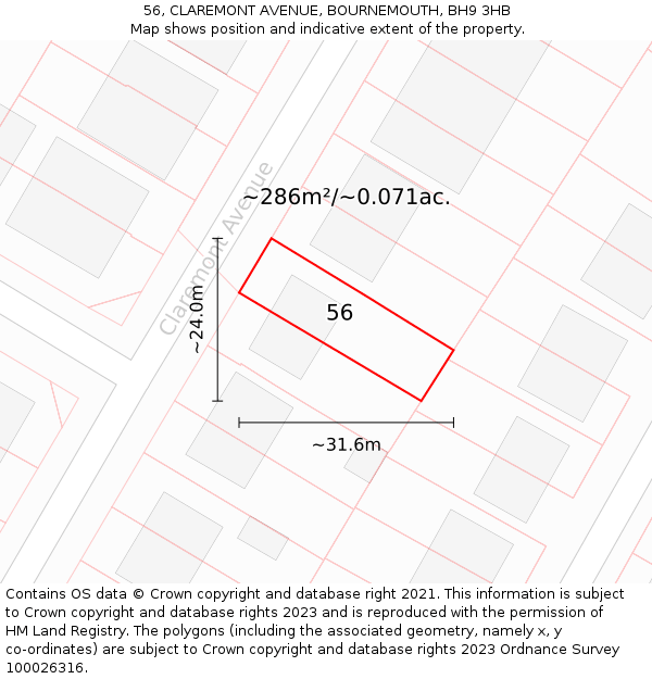 56, CLAREMONT AVENUE, BOURNEMOUTH, BH9 3HB: Plot and title map