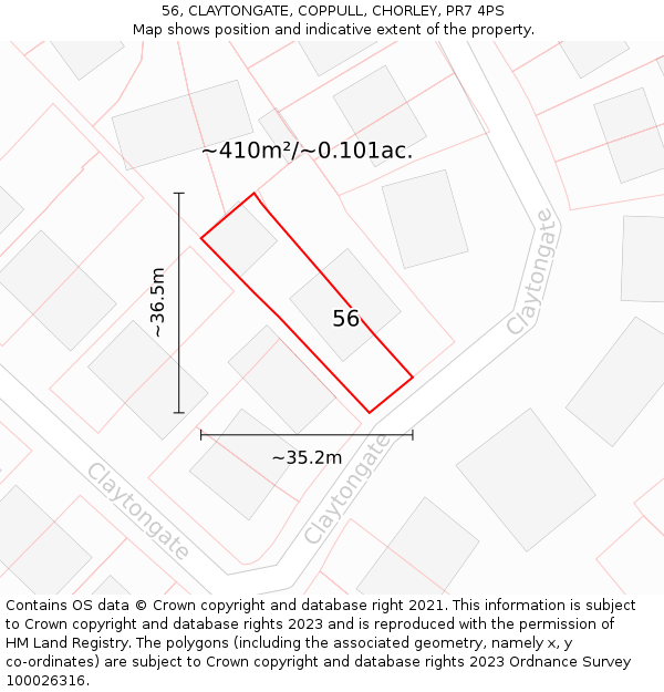56, CLAYTONGATE, COPPULL, CHORLEY, PR7 4PS: Plot and title map