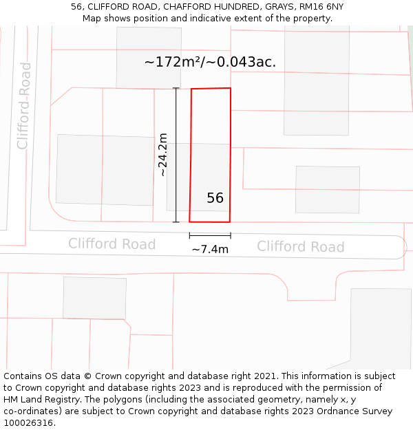 56, CLIFFORD ROAD, CHAFFORD HUNDRED, GRAYS, RM16 6NY: Plot and title map