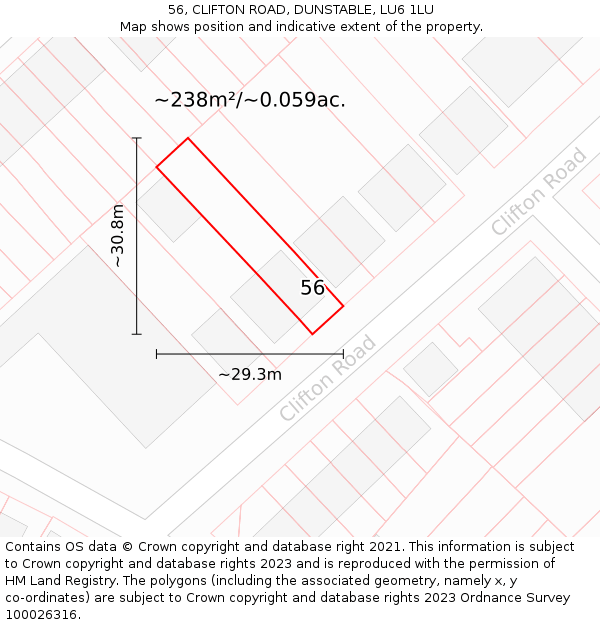 56, CLIFTON ROAD, DUNSTABLE, LU6 1LU: Plot and title map