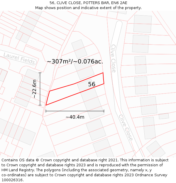 56, CLIVE CLOSE, POTTERS BAR, EN6 2AE: Plot and title map