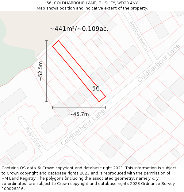 56, COLDHARBOUR LANE, BUSHEY, WD23 4NY: Plot and title map