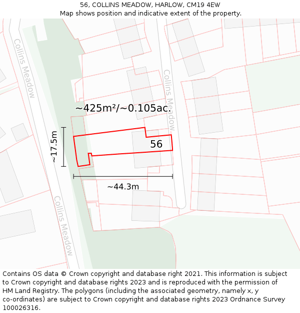 56, COLLINS MEADOW, HARLOW, CM19 4EW: Plot and title map