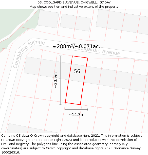 56, COOLGARDIE AVENUE, CHIGWELL, IG7 5AY: Plot and title map