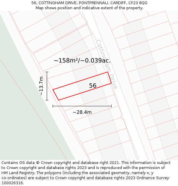 56, COTTINGHAM DRIVE, PONTPRENNAU, CARDIFF, CF23 8QG: Plot and title map