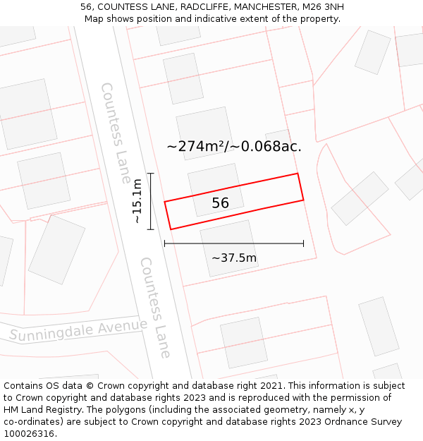 56, COUNTESS LANE, RADCLIFFE, MANCHESTER, M26 3NH: Plot and title map