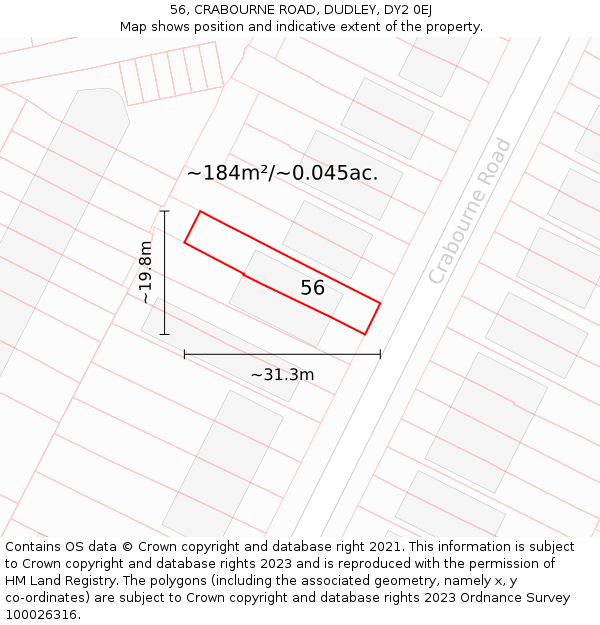 56, CRABOURNE ROAD, DUDLEY, DY2 0EJ: Plot and title map