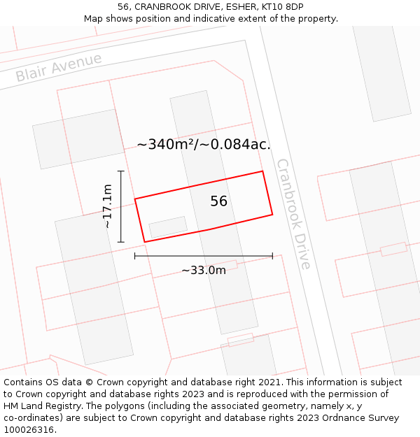 56, CRANBROOK DRIVE, ESHER, KT10 8DP: Plot and title map