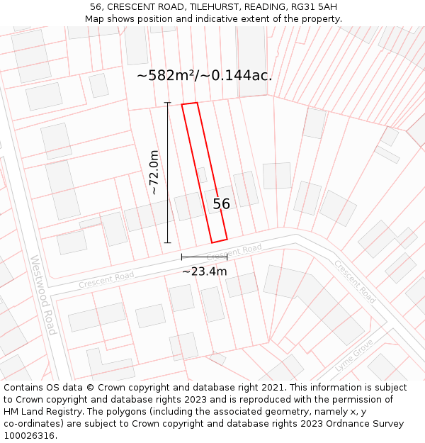 56, CRESCENT ROAD, TILEHURST, READING, RG31 5AH: Plot and title map