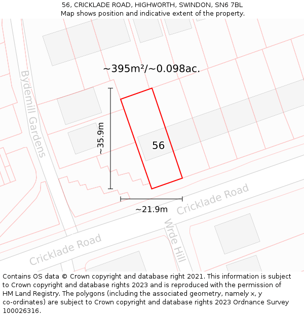 56, CRICKLADE ROAD, HIGHWORTH, SWINDON, SN6 7BL: Plot and title map