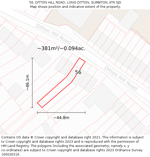 56, DITTON HILL ROAD, LONG DITTON, SURBITON, KT6 5JD: Plot and title map