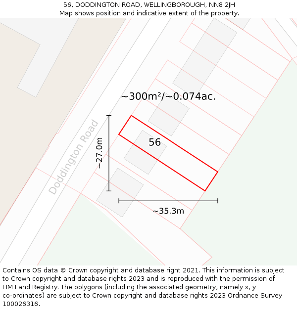 56, DODDINGTON ROAD, WELLINGBOROUGH, NN8 2JH: Plot and title map