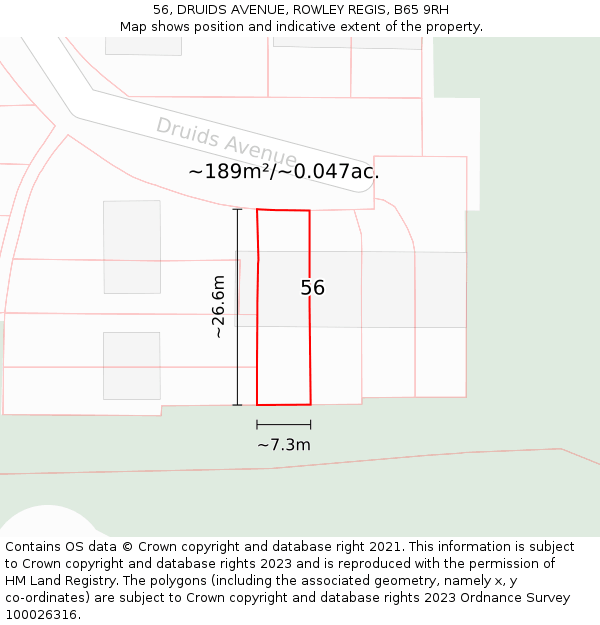 56, DRUIDS AVENUE, ROWLEY REGIS, B65 9RH: Plot and title map
