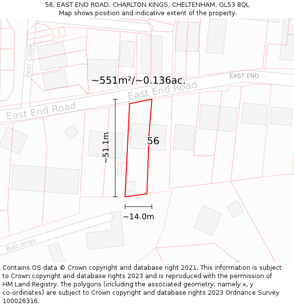 56, EAST END ROAD, CHARLTON KINGS, CHELTENHAM, GL53 8QL: Plot and title map