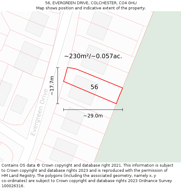 56, EVERGREEN DRIVE, COLCHESTER, CO4 0HU: Plot and title map