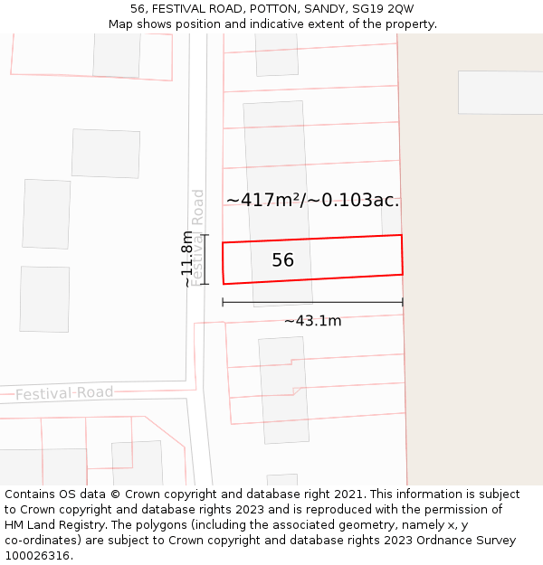 56, FESTIVAL ROAD, POTTON, SANDY, SG19 2QW: Plot and title map
